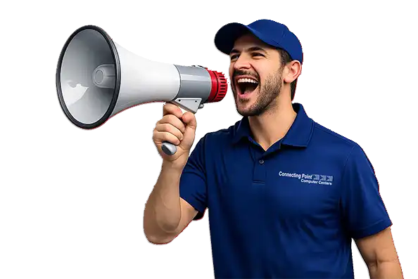 Blog Posts from Connecting Point with Man shouting through a megaphone.