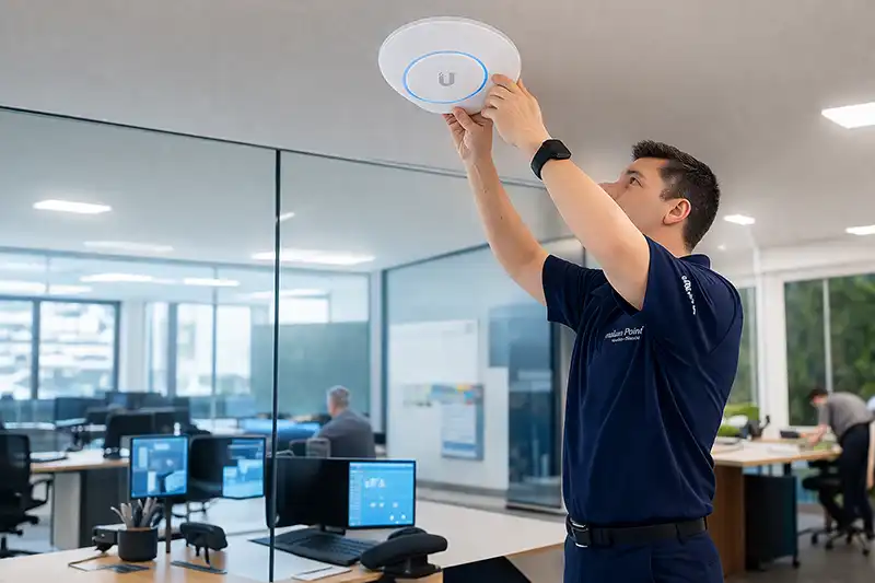 IT technician installing wireless access point