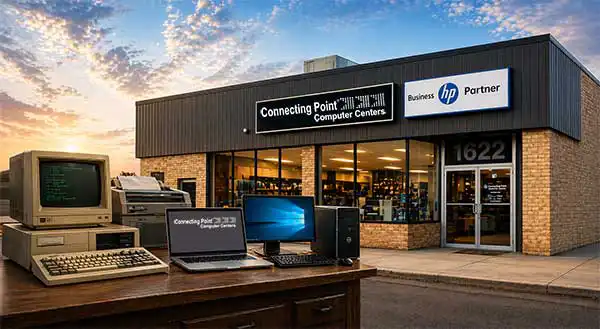 Old and new computers outside shop for CPCC