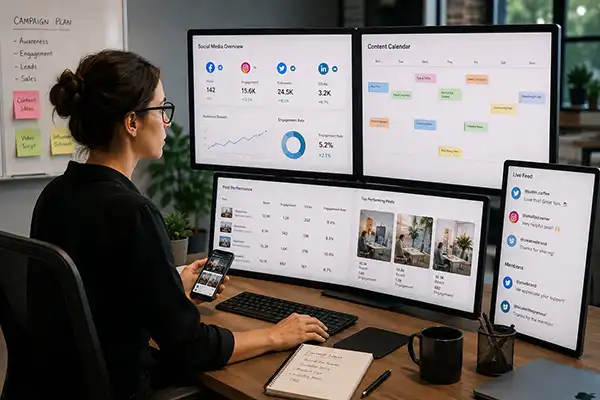 Professional marketer managing multiple social media campaigns on modern desktop displays with analytics dashboards, mobile engagement, and content planning visuals.